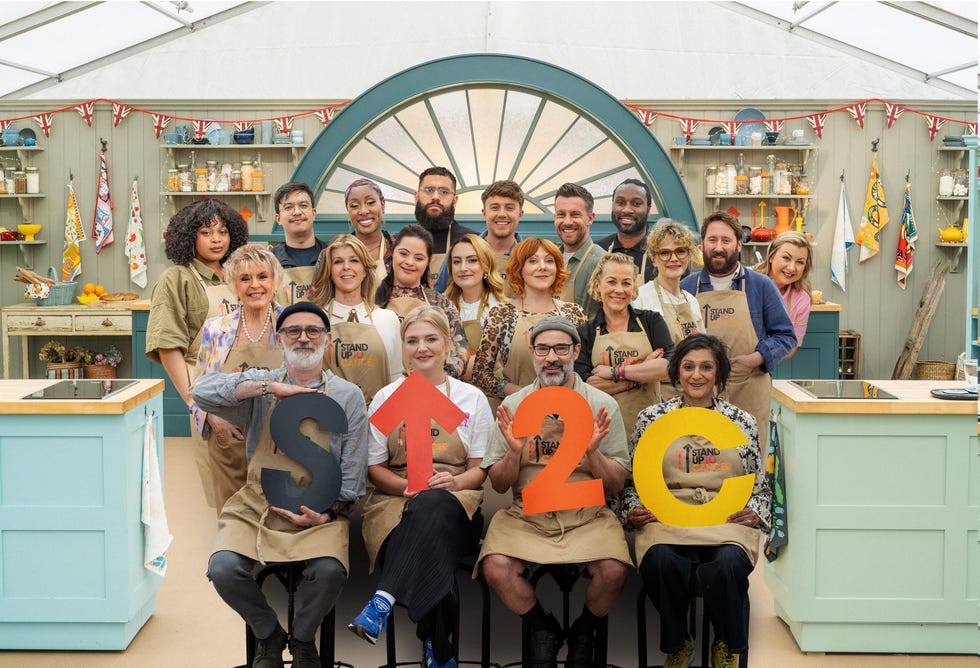 Celebrity -Bake -off representative against Cancer 2025 candidates who pose in the tent with the stand against cancer signs