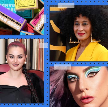 vanessa hudgens with knowbeauty mask, boxes of good dye young hair dye, tracee ellis ross at pattern beauty event, lady gaga wearing haus laboratories eye makeup, selena gomez at rare beauty event, fenty beauty gloss bomb universal lip luminizer