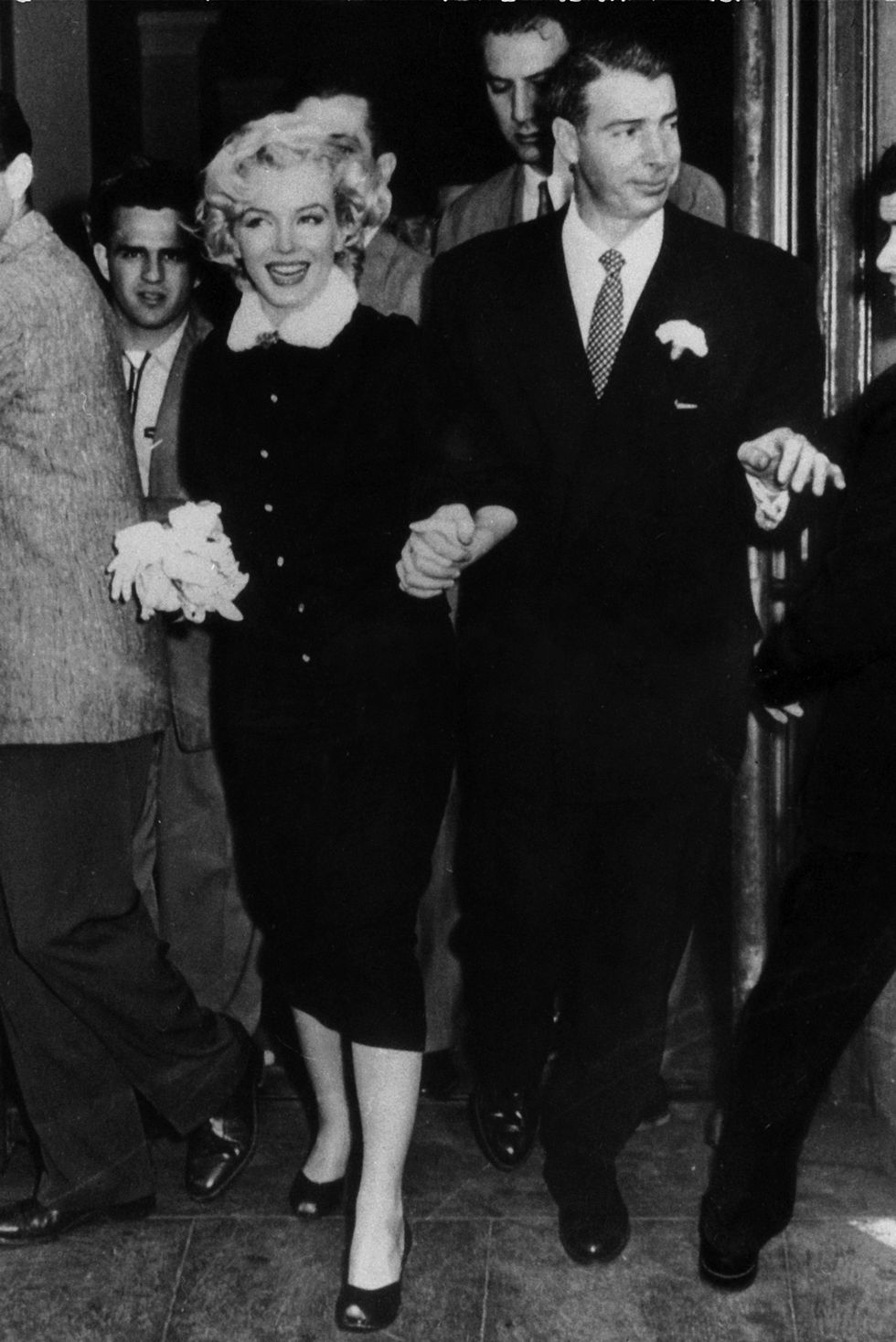 the american actress marilyn monroe and her husband joe dimaggio leaving the town hall after their wedding san francisco, 14th january 1954 photo by mondadori via getty images