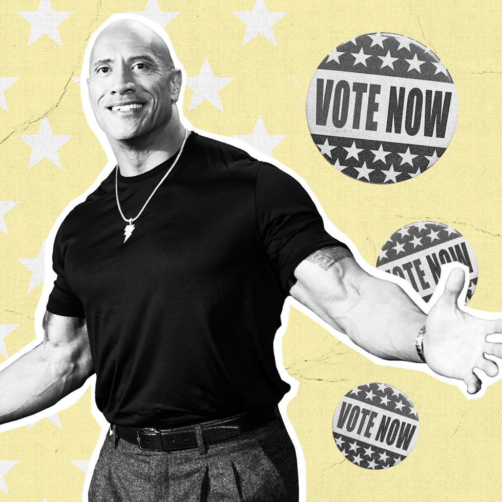 the rock pictured with his arms outstretched next to a badge saying vote now