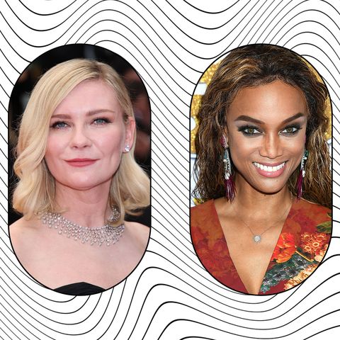 a black and white swirl background with three images of celebrities over the top, rina sawayama kirsten dunst and tyra banks who all have ibs