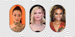 a black and white swirl background with three images of celebrities over the top, rina sawayama kirsten dunst and tyra banks who all have ibs