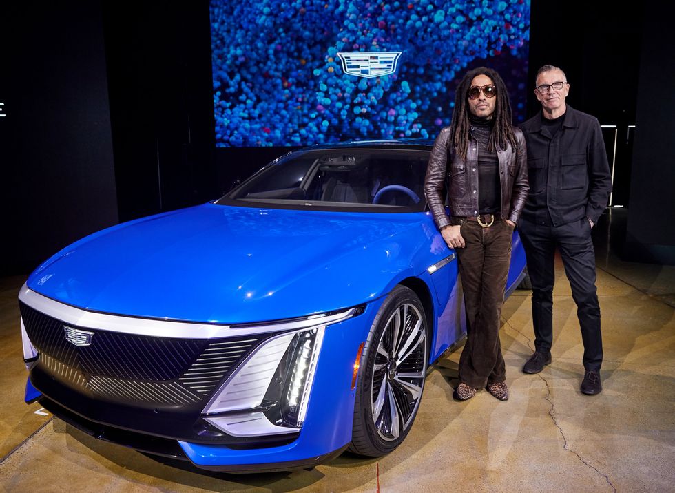lenny kravitz, multi talented artist and designer, with michael simcoe, vice president general motors global design, at the reveal event for the cadillac celestiq monday, october 17, 2022 in los angeles, california kravitz will be one of the first to commission his own customized example of cadillac’s handcrafted all electric flagship the cadillac celestiq is the world’s first ultra luxury, all electric sedan and the design process is entirely bespoke for each client each cadillac celestiq is handcrafted by skilled artisans clients, such as kravitz, will work with cadillac design for a personalized concierge experience, creating their own one of one celestiq step by step, clientele will select from the limitless possibilities made available by cadillac to bring their story to life photo by dan macmedan for cadillac