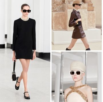 a collage of a person wearing sunglasses and a black dress