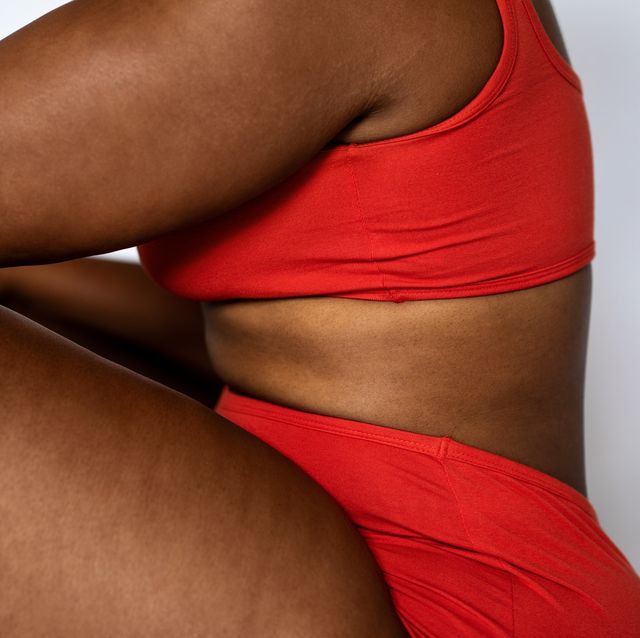irregular periods close up of woman's body wearing red underwear