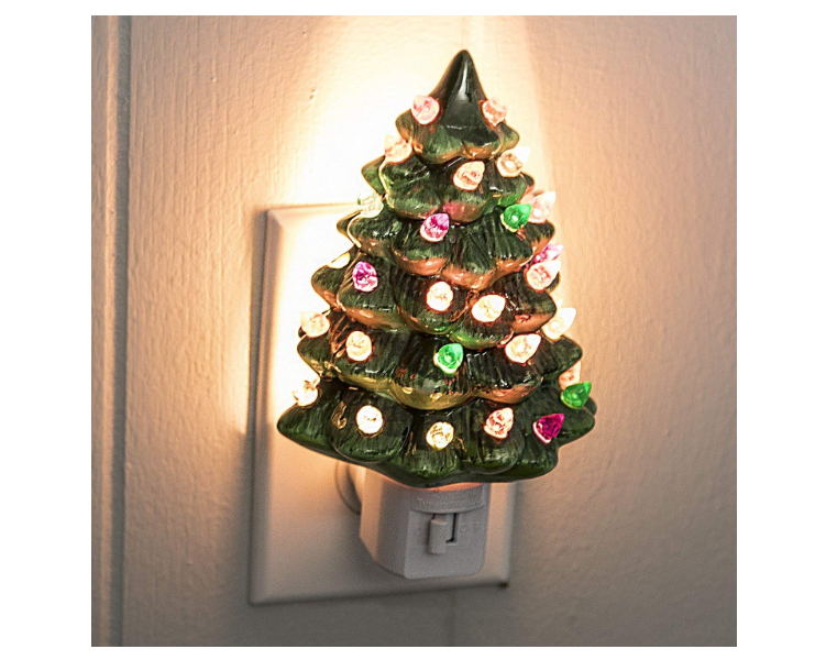 NEW 5" Snow Green and White Ceramic Christmas Tree Night Light Wall Socket Plug 