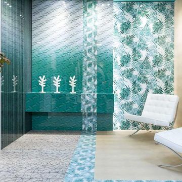 Curtain, Room, Interior design, Tile, Property, Turquoise, Floor, Wallpaper, Window treatment, Wall, 