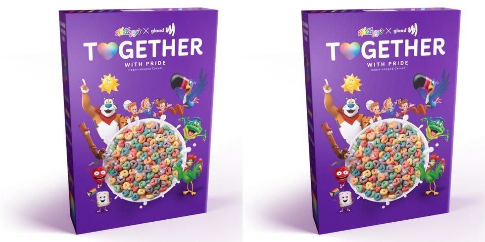 purple cereal box with cereal characters like tony the tiger all around a bowl of the new heart shaped rainbow cereal