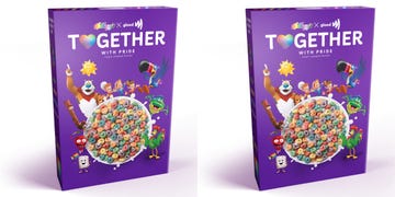 purple cereal box with cereal characters like tony the tiger all around a bowl of the new heart shaped rainbow cereal