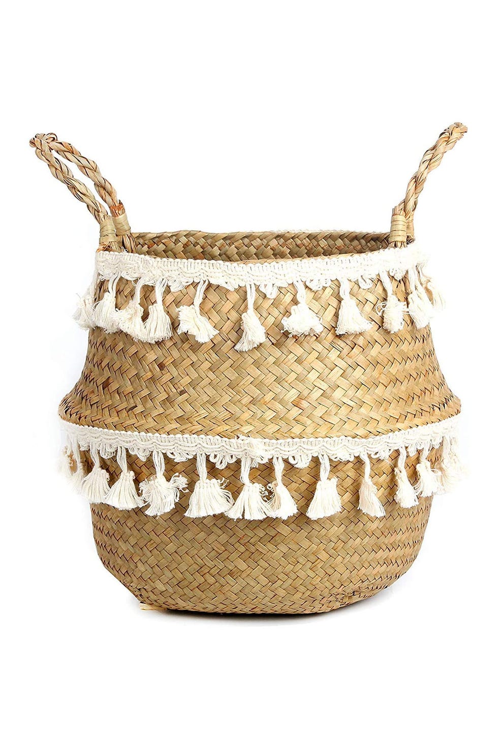 cesta de mimbre con flecos