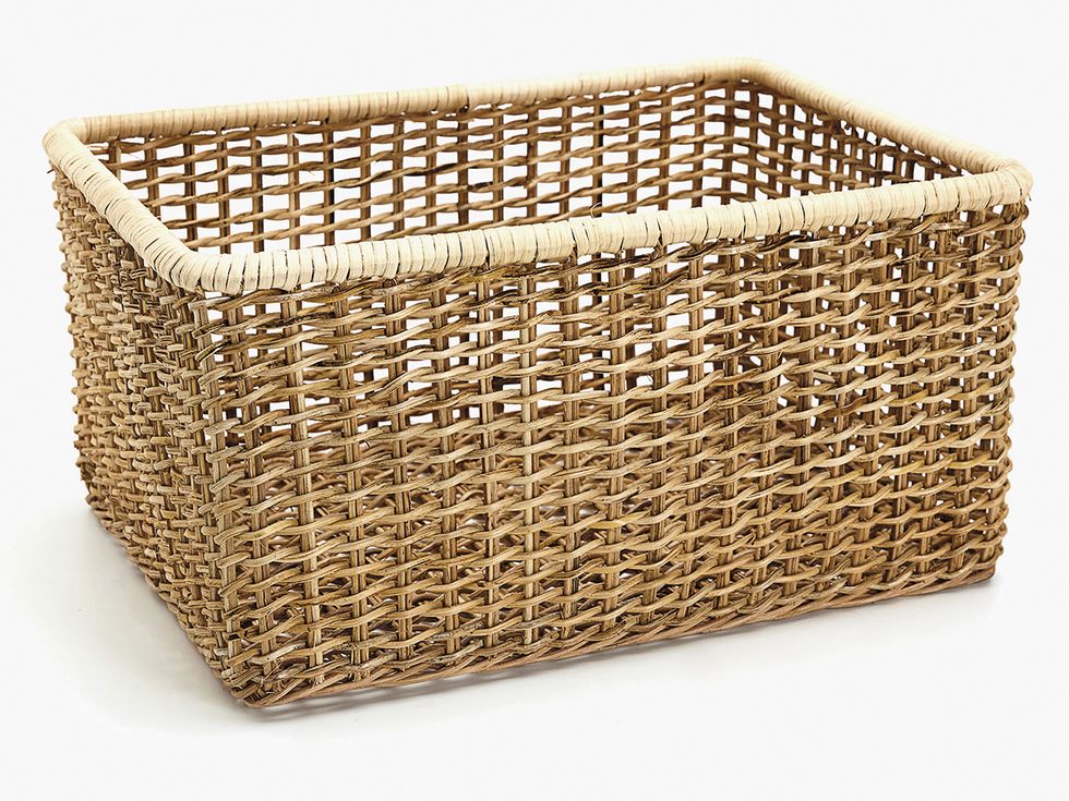 Storage basket, Basket, Wicker, Picnic basket, Home accessories, Laundry basket, Hamper, Rectangle, Beige, Household supply, 