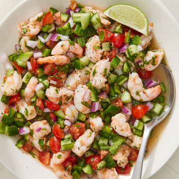 shrimp ceviche with tomatoes, cucumbers and red onion