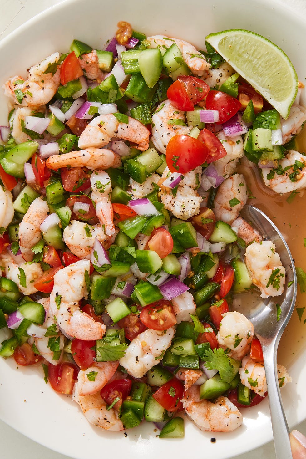 shrimp ceviche with tomatoes, cucumbers and red onion