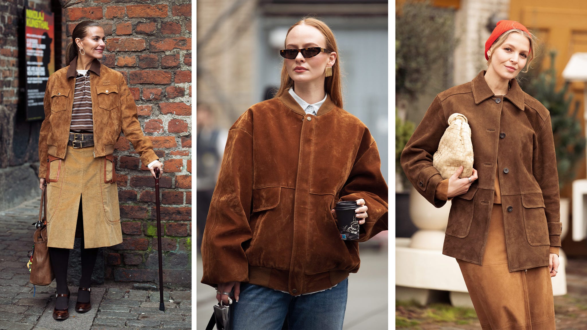 Three individuals wearing stylish brown outerwear in urban environments