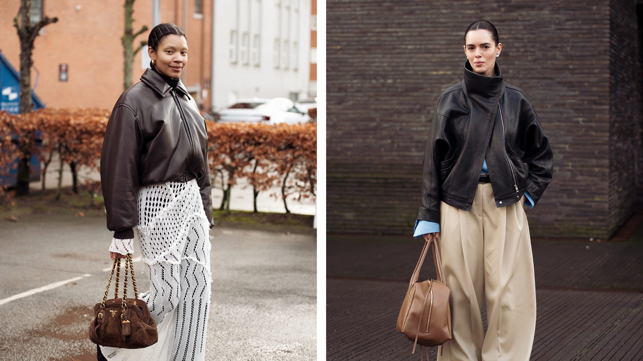 Two individuals showcase fashionable outfits in urban environments