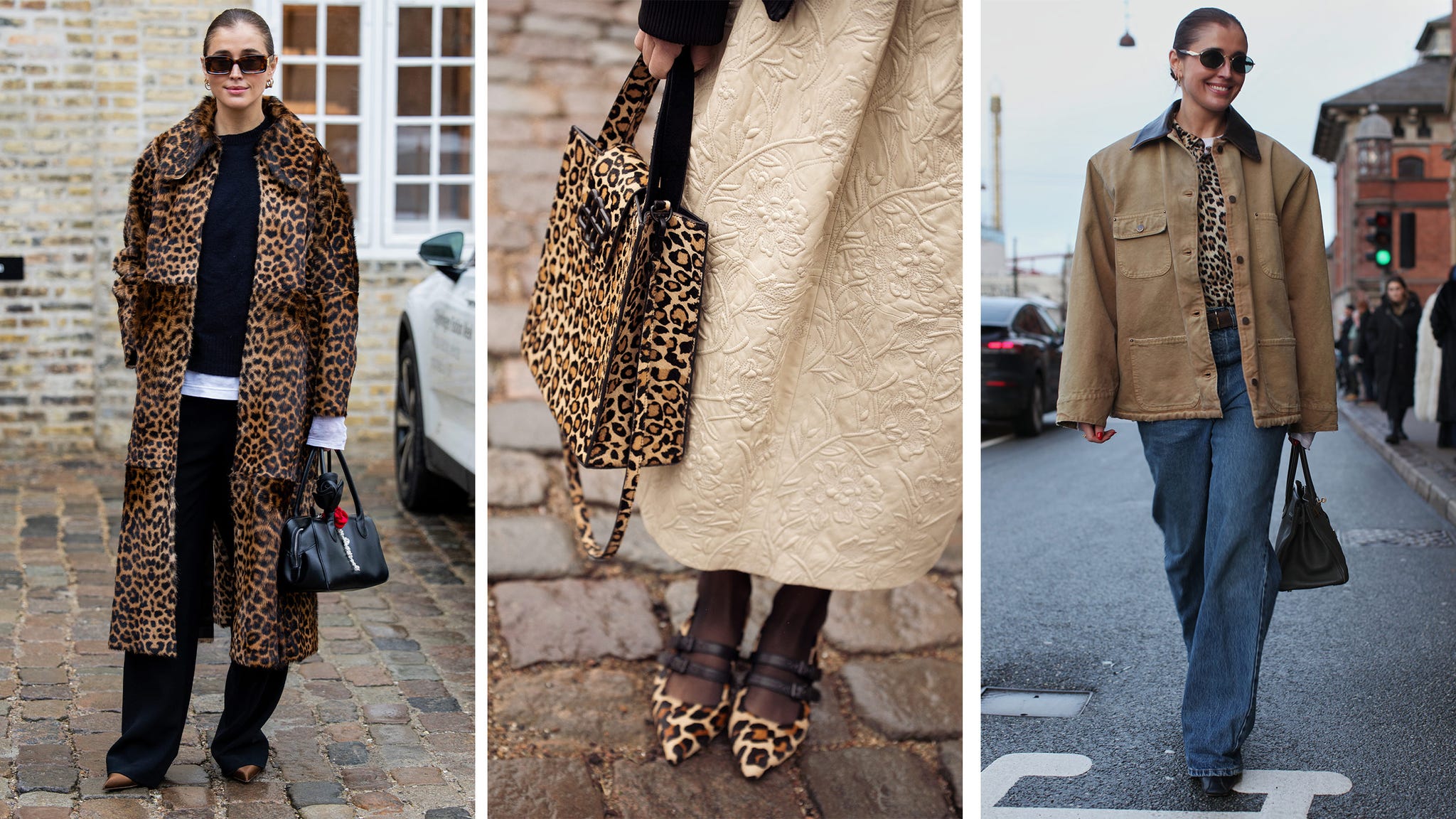 Fashionable costume featuring leopard printing elements in urban environments