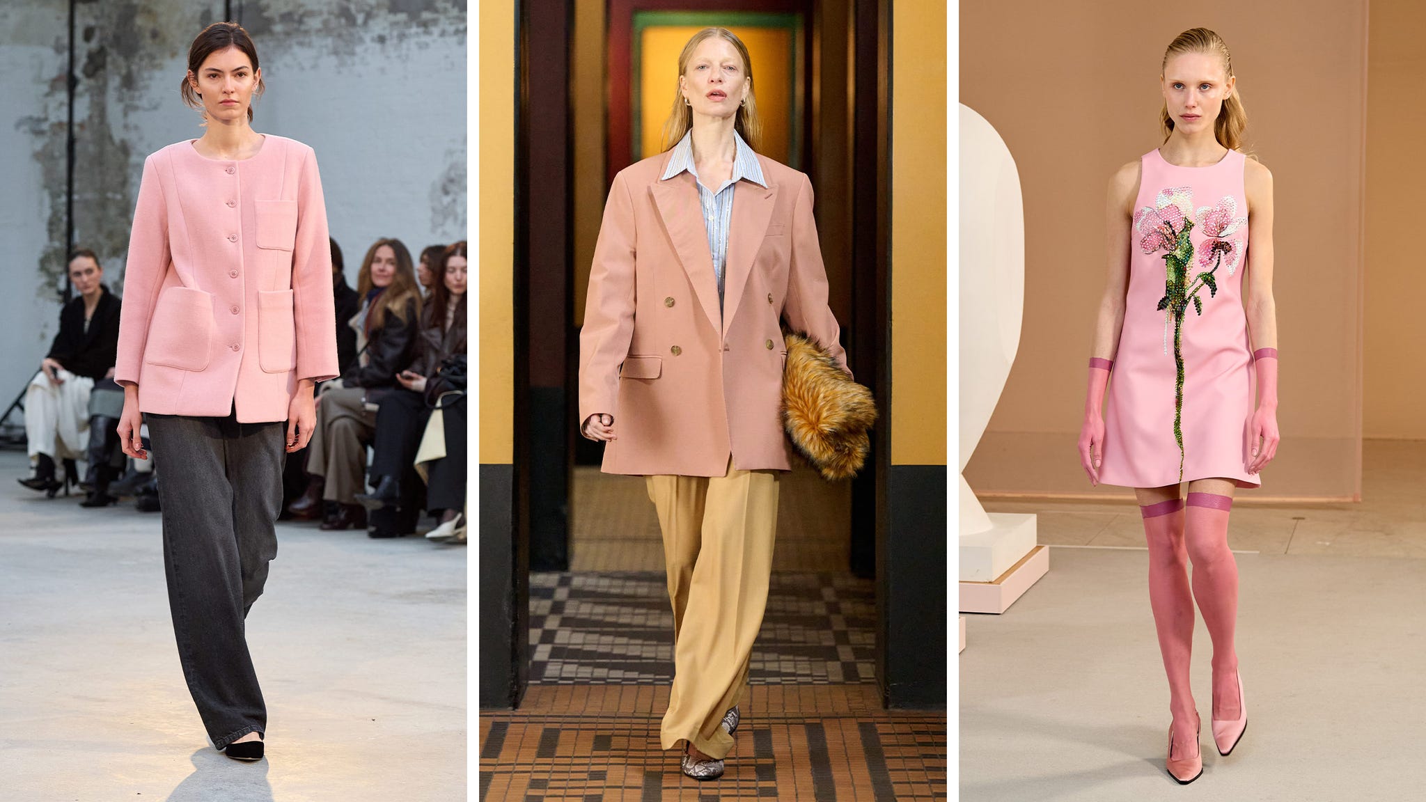 three fashion models showcasing diverse styles in pink hues during a runway event