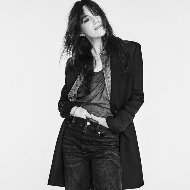 three photos of charlotte gainsbourg wearing her denim collection for zara