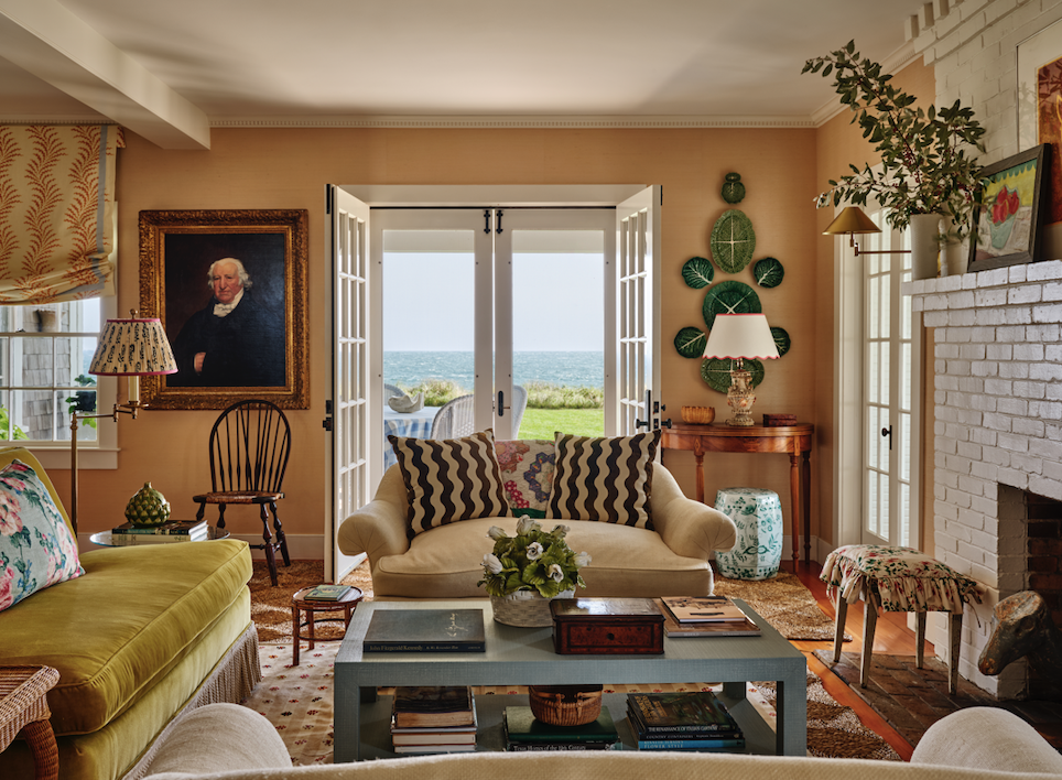 a living room with a fireplace