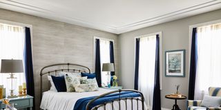 Bedroom, Furniture, Bed, Room, Bed sheet, Interior design, Bed frame, Property, Blue, Bedding, 