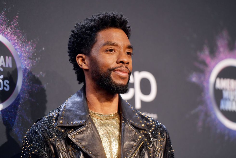 los angeles, california   november 24 chadwick boseman poses in the press room during the 2019 american music awards at microsoft theater on november 24, 2019 in los angeles, california photo by matt winkelmeyergetty images for dcp