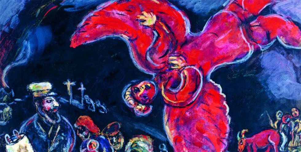 marc chagall estudio para la chute de l’ange la caída del ángel, 1934 Óleo sobre cartón 37,5 × 48,5 cm colección particular © marc chagall  vegap, madrid, 2024 © archives marc et ida chagall, paris
