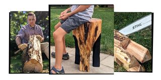 using a chainsaw to create a stool from a log