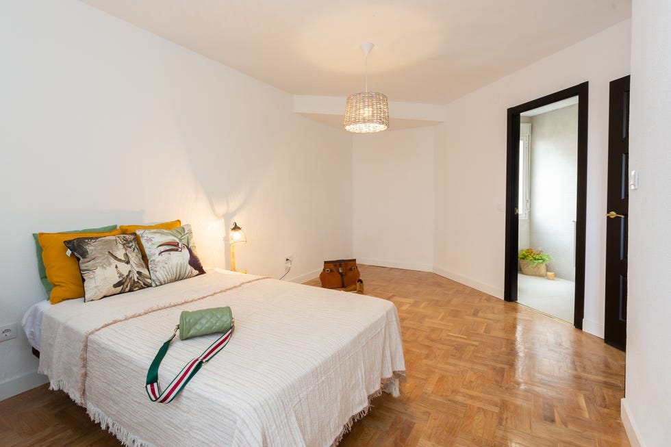 salón con sofá con chaise longue marrón y palmera