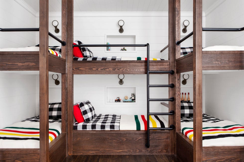 modern farmhouse bunk room with hudson bay blankets