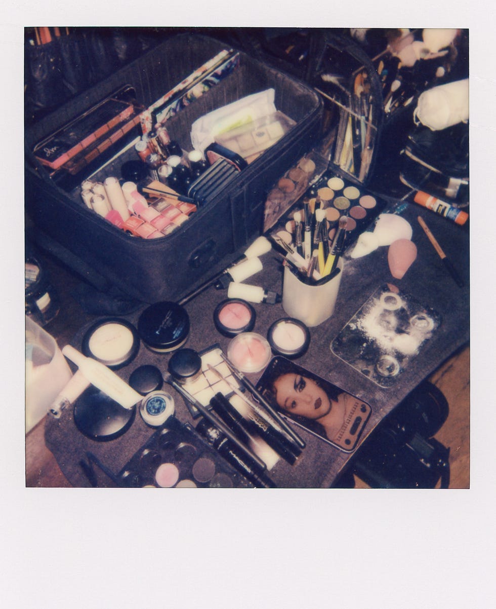 makeup kit with various cosmetic products displayed