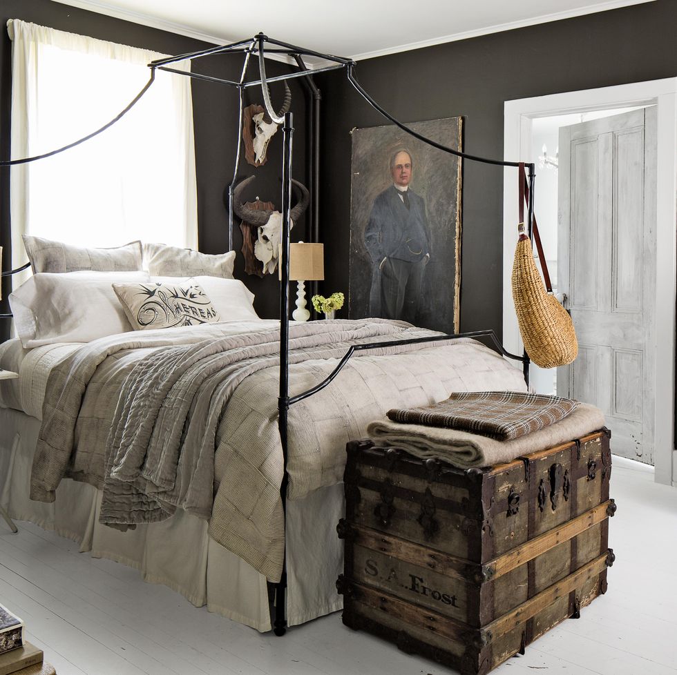 Bedroom with dark charcoal black walls