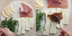 tiktok tortilla folding hack for wraps, charcuterie wrap with arugula, brie, jam, apples, and prosciutto