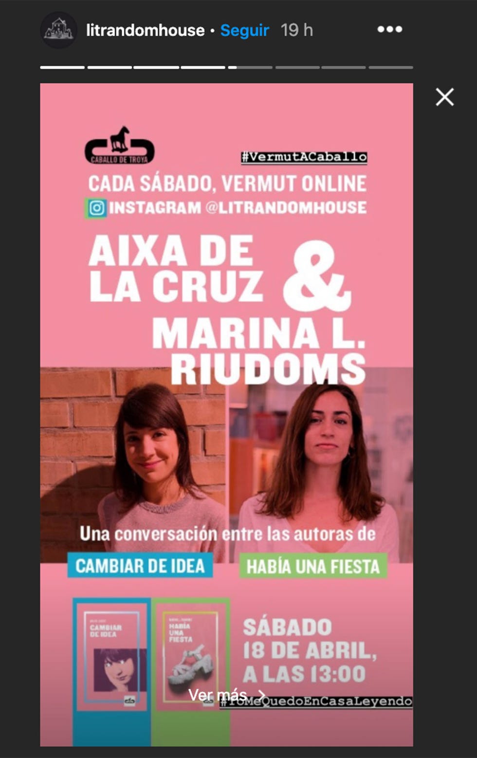Anuncio de un encuentro literario en directo para el 18 de abril de 2020 con las escritoras Aixa de la Cruz y Marina L. Riudoms. 