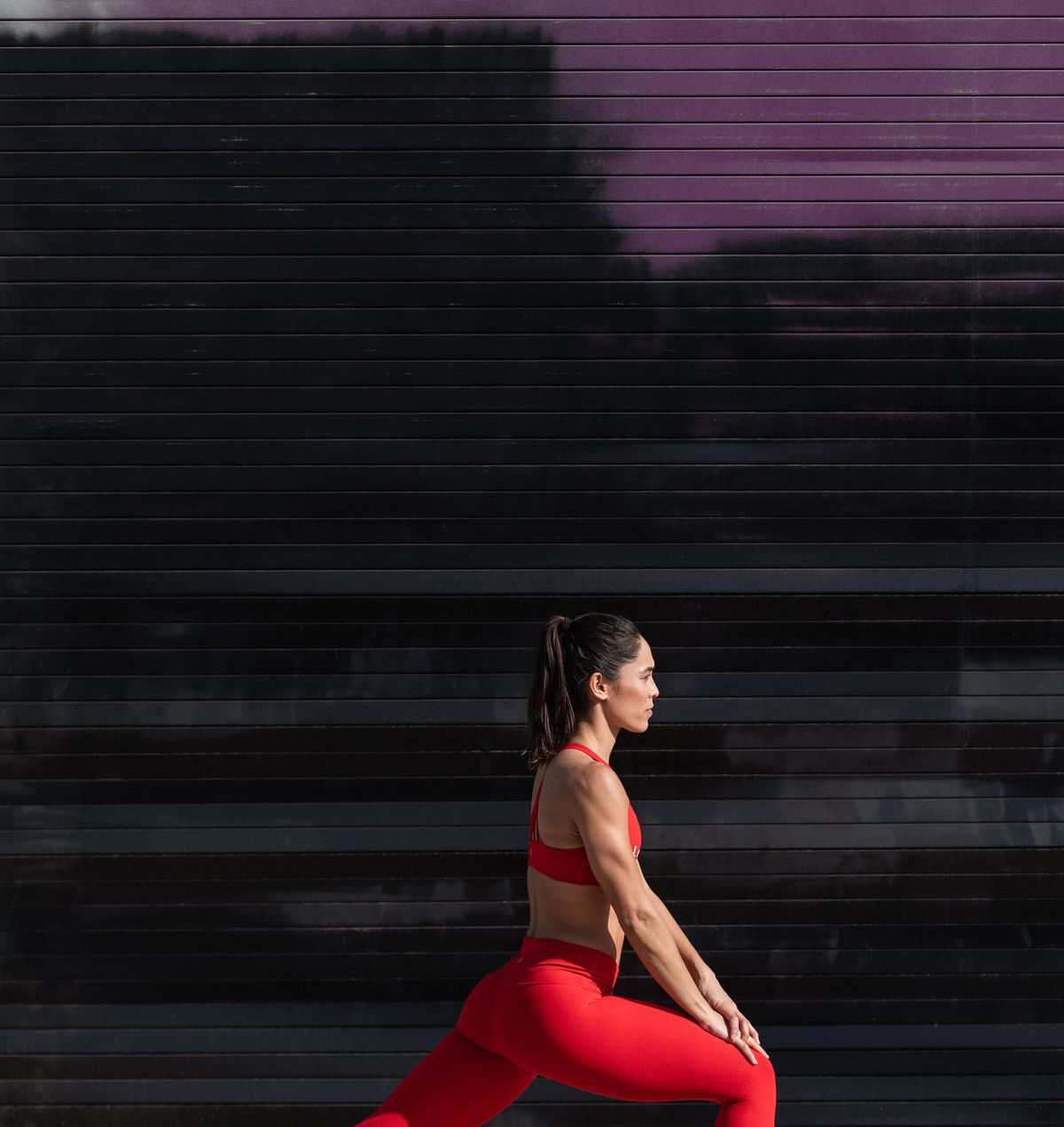 Red, Running, Lunge, Leg, Physical fitness, Sports, Recreation, Exercise, Stretching, Photography, 