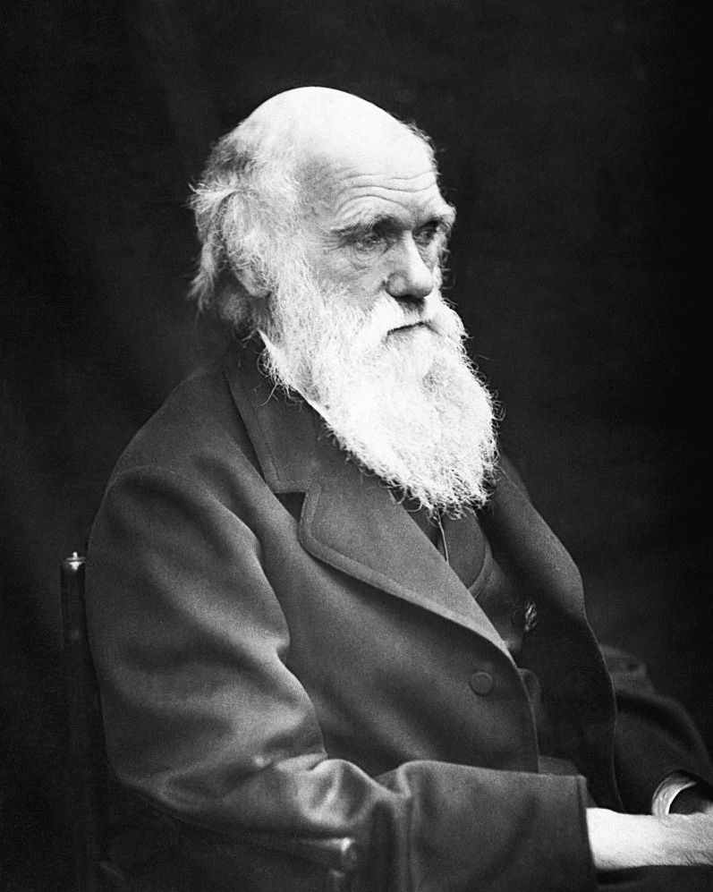 Charles Darwin sentado con las manos apoyadas en un escritorio.