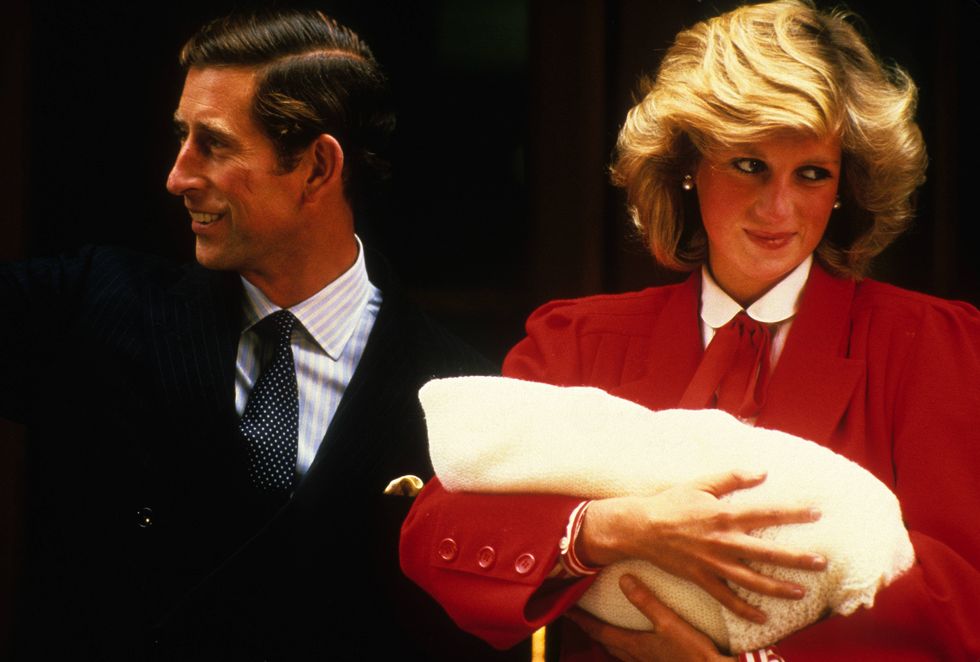 charles and diana pose with prince harry outside st mary's hospital, london