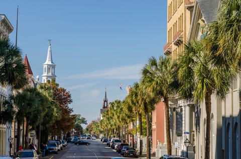 St. Michaels Episcopal Church spire and Broad Street seen from window of Old Exchange and Provost Dungeon Museum, Charleston, South Carolina, USA