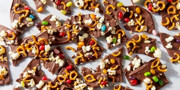 chocolate bark with candy, popcorn, and pretzels