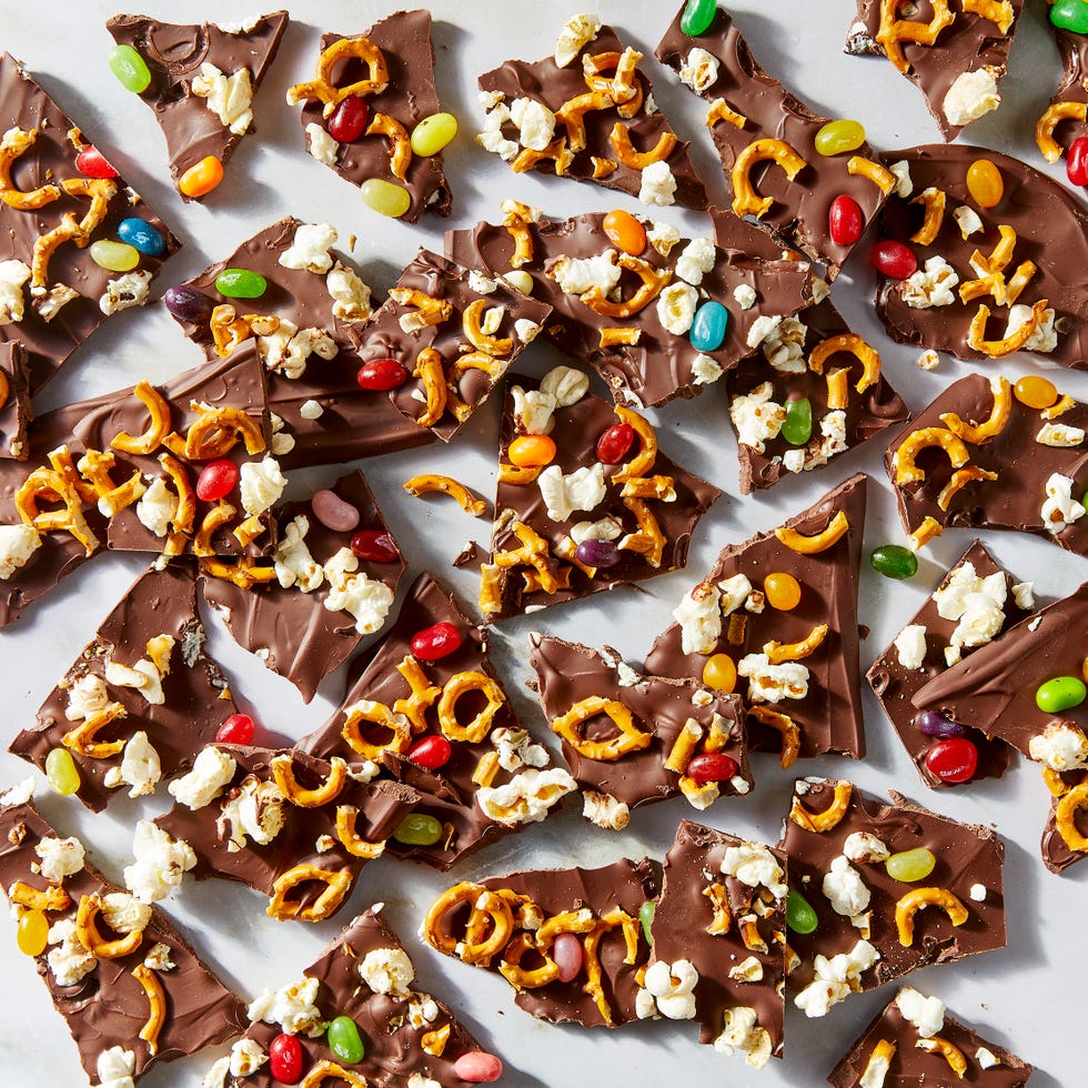 chocolate bark with candy, popcorn, and pretzels