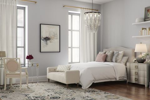 Furniture, Room, White, Interior design, Bedroom, Living room, Floor, Property, Bed, Bed frame, 