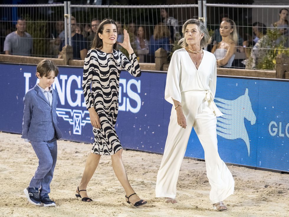 monte carlo, monaco   july 03 l r raphael elmaleh, charlotte casiraghi and princess caroline of hanover attend the grand prix du prince during the 15th international monte carlo jumping on july 03, 2021 in monte carlo, monaco photo by arnold jerockigetty images