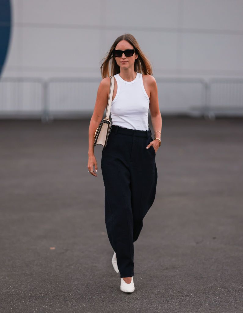 Summer Work Outfit Ideas: Black Pants, an Interesting White Shirt