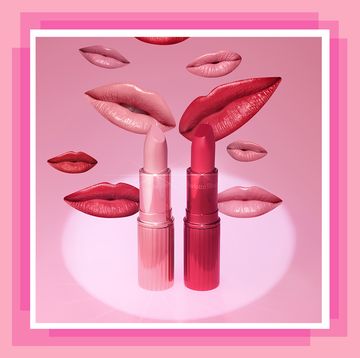 charlotte tilbury lipsticks artwork against pink backdrop with lips wearing a range of lipstick shades