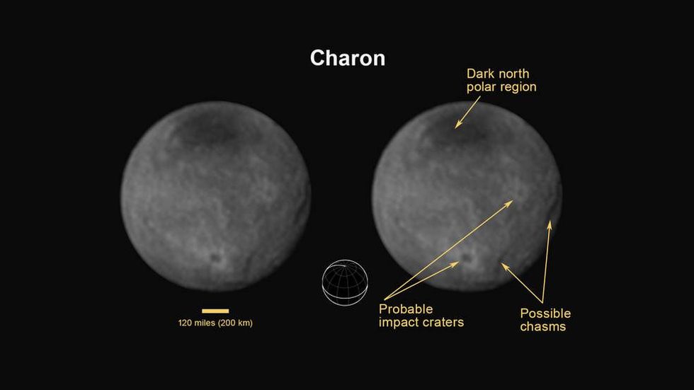Charon is een wereld van kloven en kraters bekroond door een donkere noordpool NASAJHUAPLSwRI