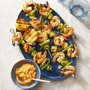 charred shrimp, leek and asparagus skewers