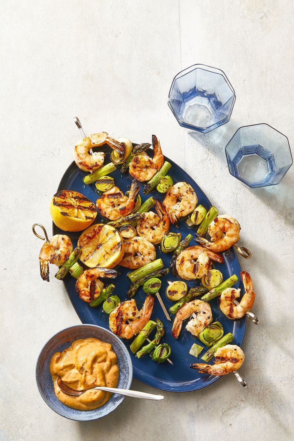 charred shrimp, leek and asparagus skewers