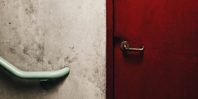 Red, Wall, Door, Door handle, Room, Wood, Handle, Metal, Still life photography, 