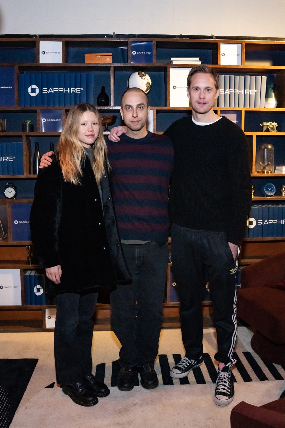 mia goth, left, brandon cronenberg and alexander skarsgard before speaking during the panel for “infinity pool” at la times talks during the sundance film festival presented by chase sapphire on friday, jan 20, 2023, in park city, utah