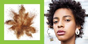 chebe powder image description of a woman with healthy, naturally coily hair alongside a picture of brown powder