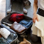 woman packing suitcase on floor with dog